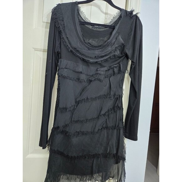Black Long-Sleeve Fringe 100% Silk Layered Detail Dress W Roll Tab Sleeves Made - Picture 2 of 9